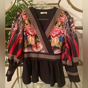 Dawn Line peplum faux wrap blouse made in Turkey sz 38 go by measurement